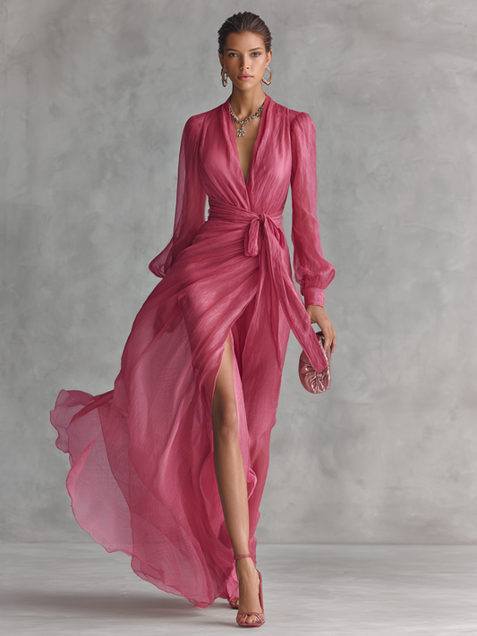 Elegante vestido largo rosa para mujer con perlas y escote en V
