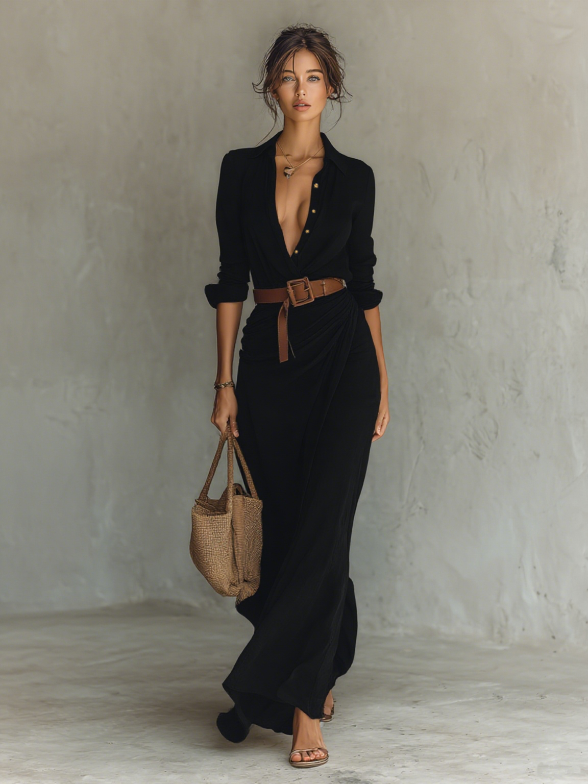 Vestido maxi largo para mujer con cuello con abertura y mangas largas