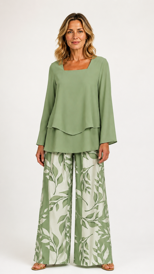 Esperanza™ | Conjunto verde con pantalones estampados de hojas