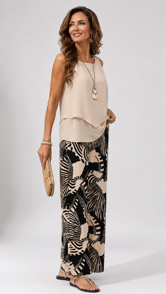 Ignacia™ | Conjunto beige con pantalones estampados botánicos