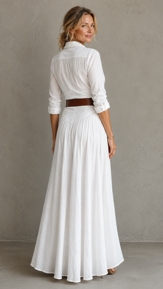 Vestido maxi largo de lino con cuello de solapa y mangas largas para mujer
