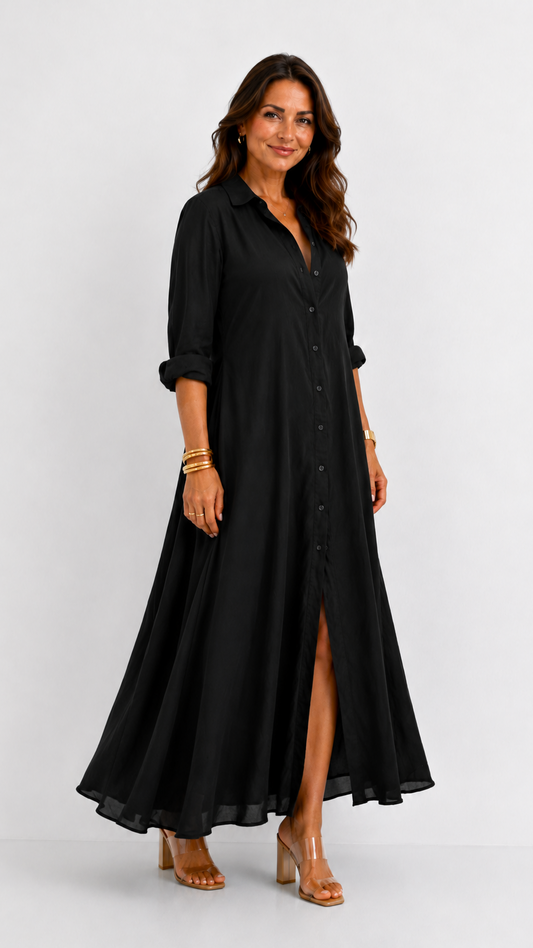 Céline | Vestido maxi negro holgado con botones