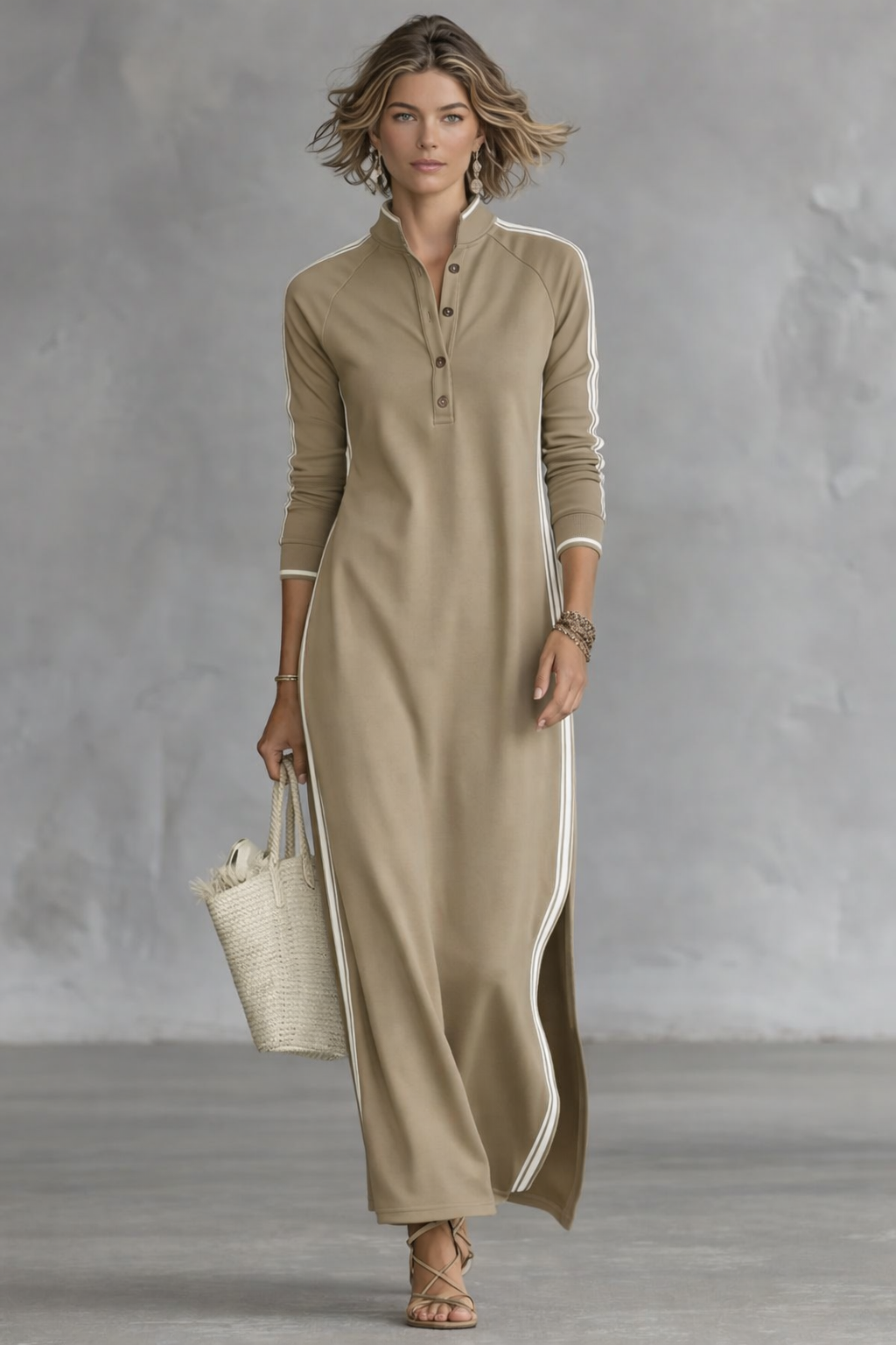 Vestido maxi tipo sudadera para mujer con cuello de botones y ribete blanco