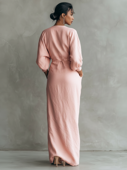 Vestido maxi rosa minimalista para mujer con escote en V