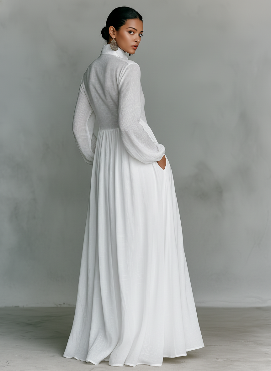 Vestido maxi minimalista con diseño patchwork, cuello alto y mangas largas