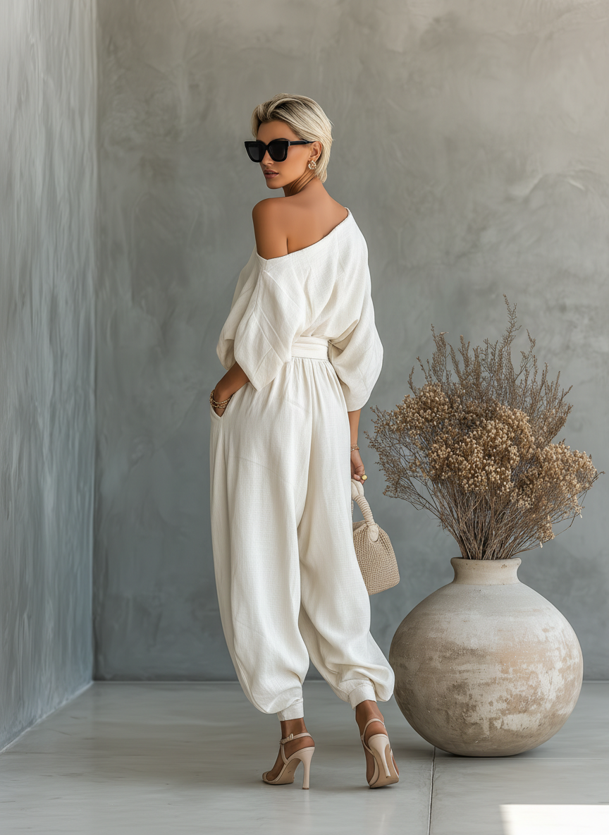 Conjunto para mujer en color blanco crema con top de hombros descubiertos y pantalones ajustados en el tobillo