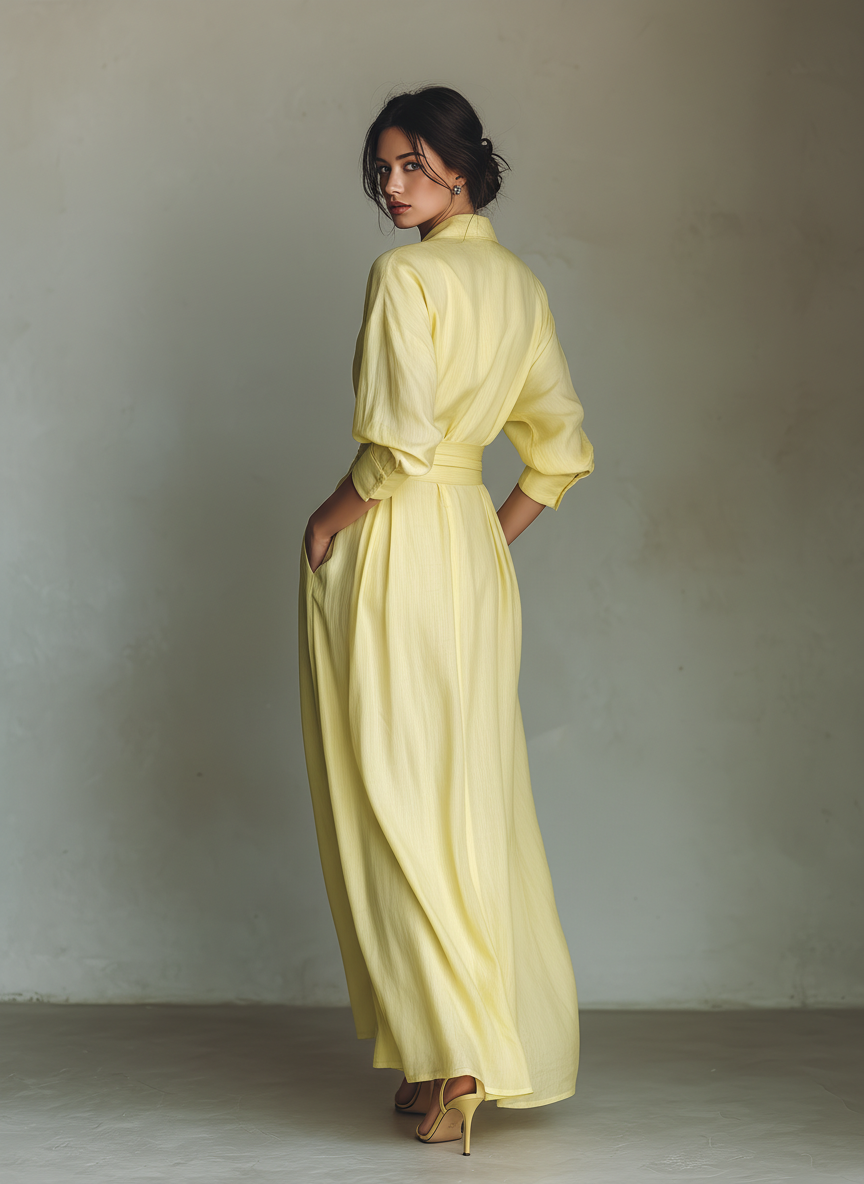 Vestido camisero maxi para mujer en amarillo limón, con cinturón de amarre y mangas tres cuartos