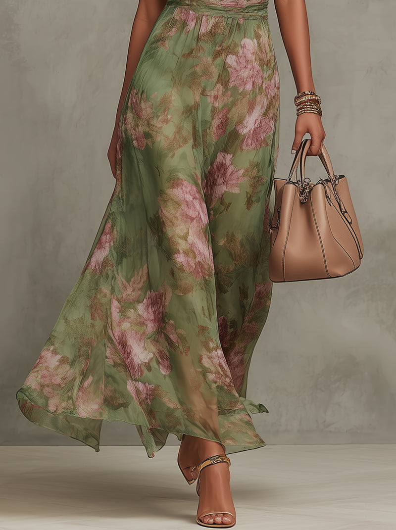 Ruth · Vestido largo verde con estampado floral y escote