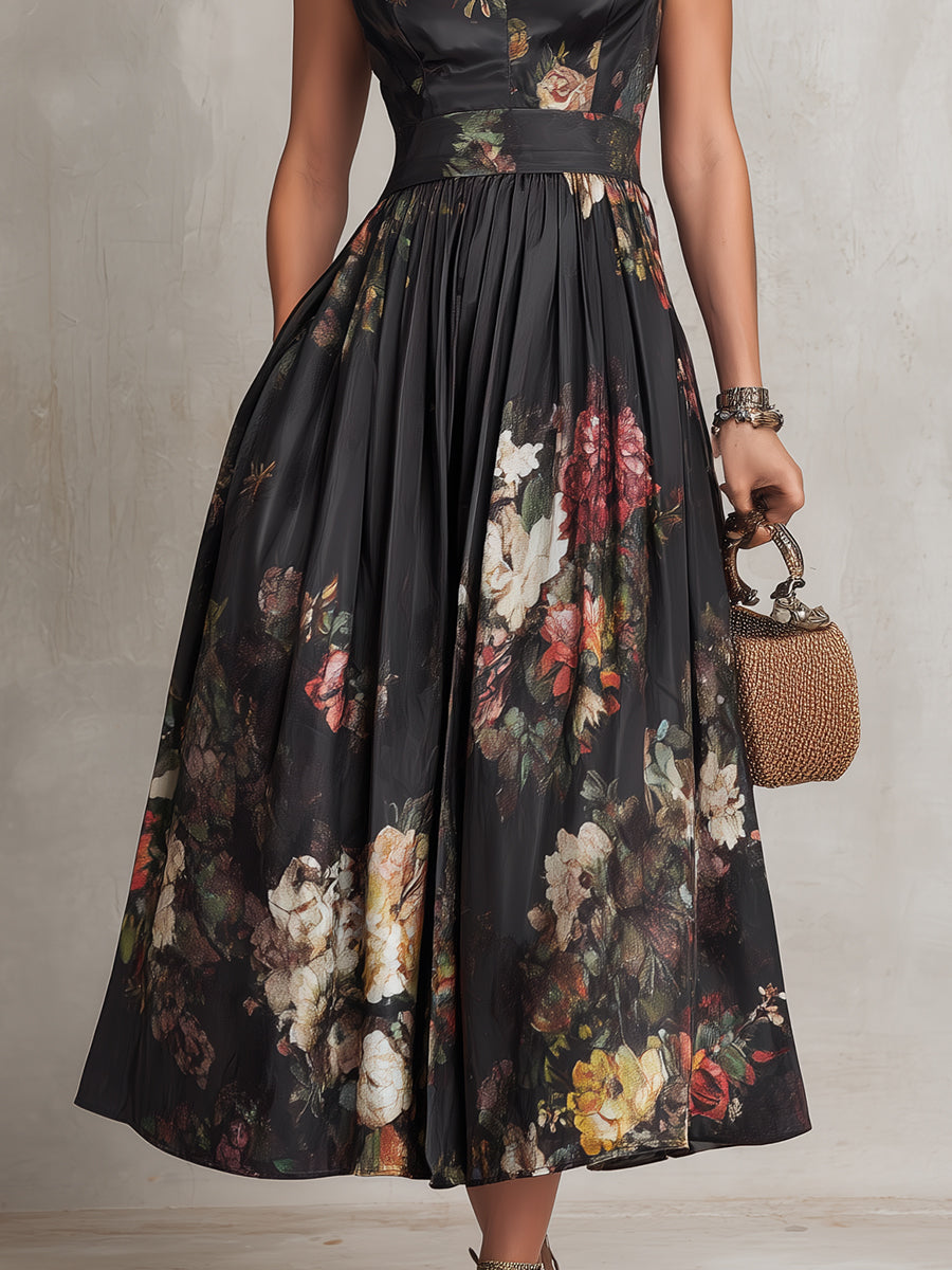 Patricia | Vestido midi plisado de satén negro con estampado floral