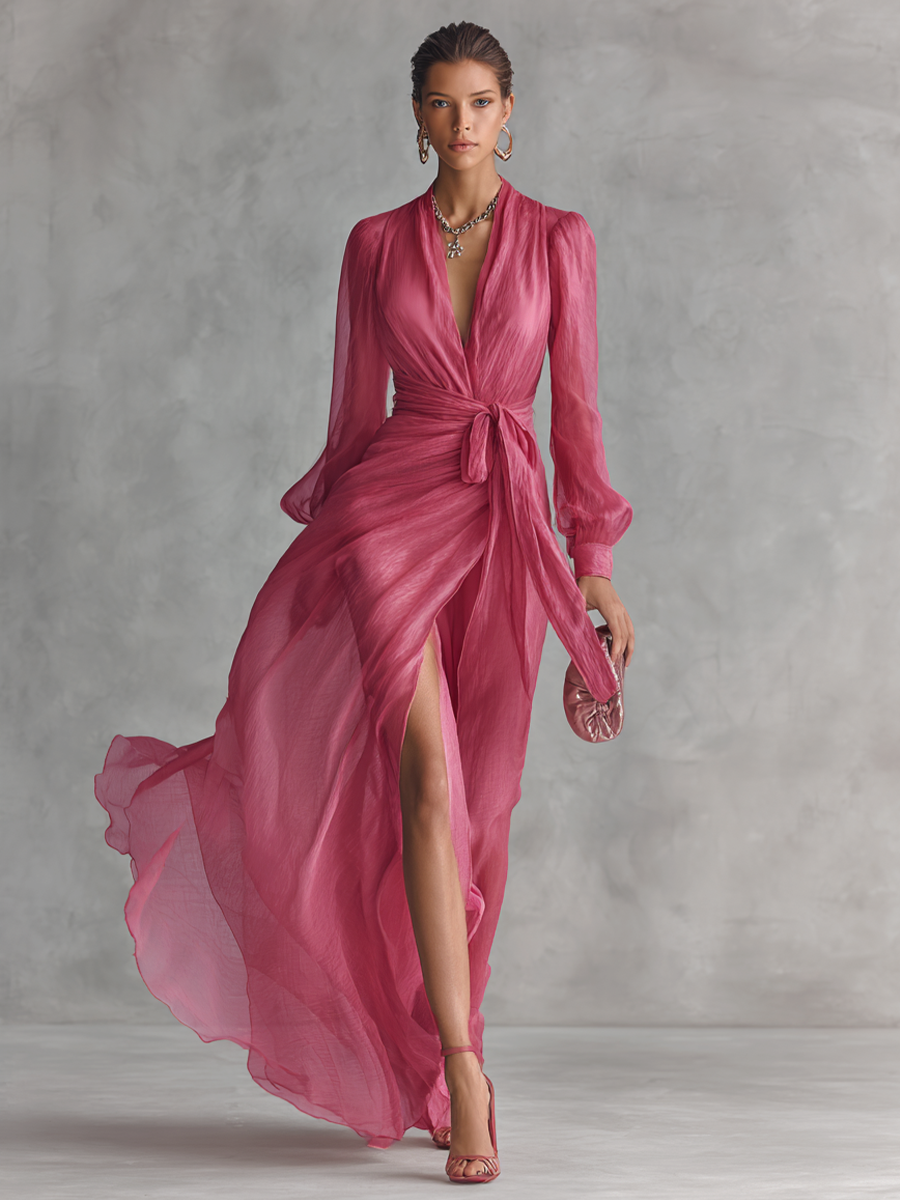 Elegante vestido largo rosa para mujer con perlas y escote en V