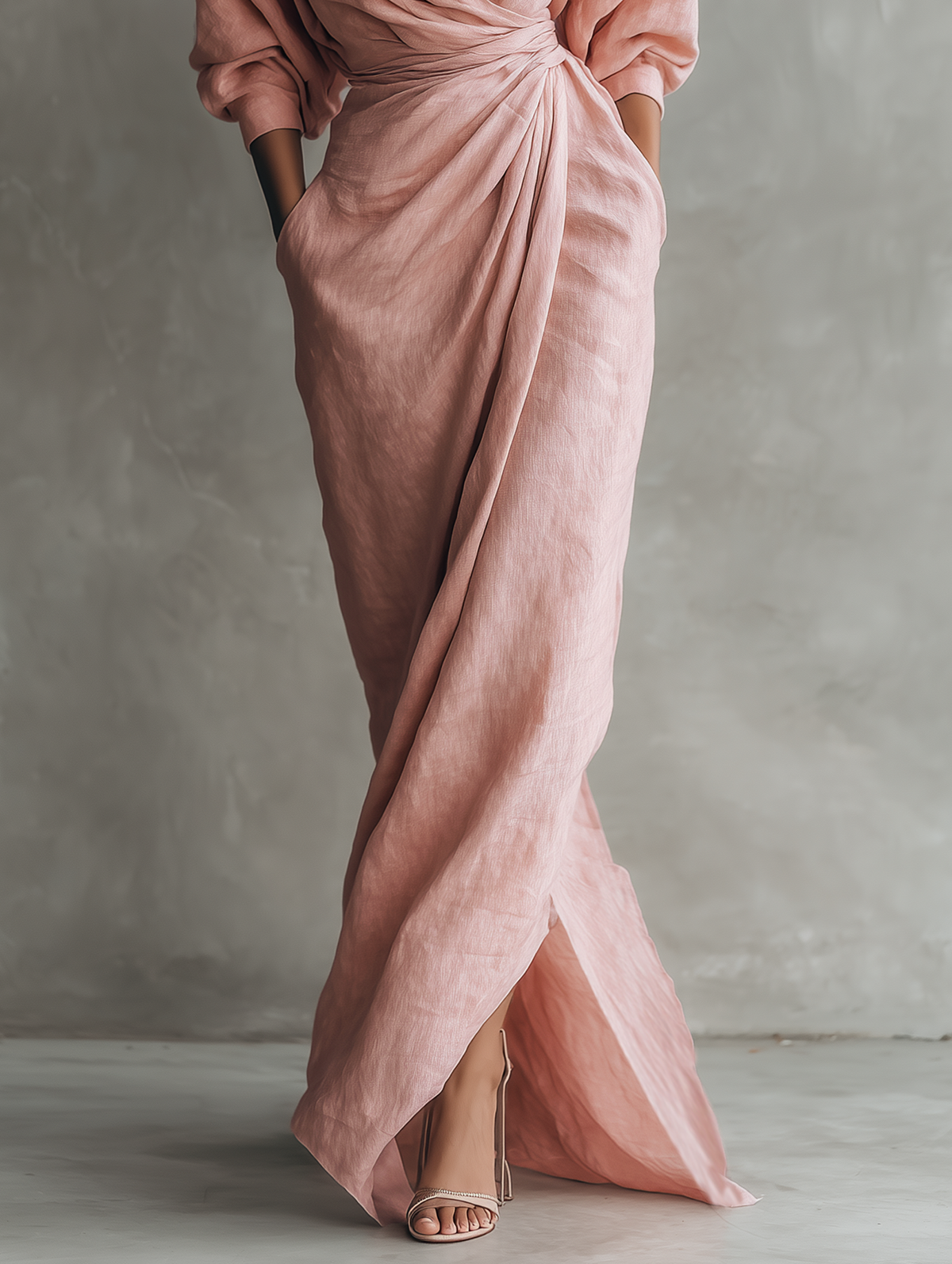 Vestido maxi rosa minimalista para mujer con escote en V