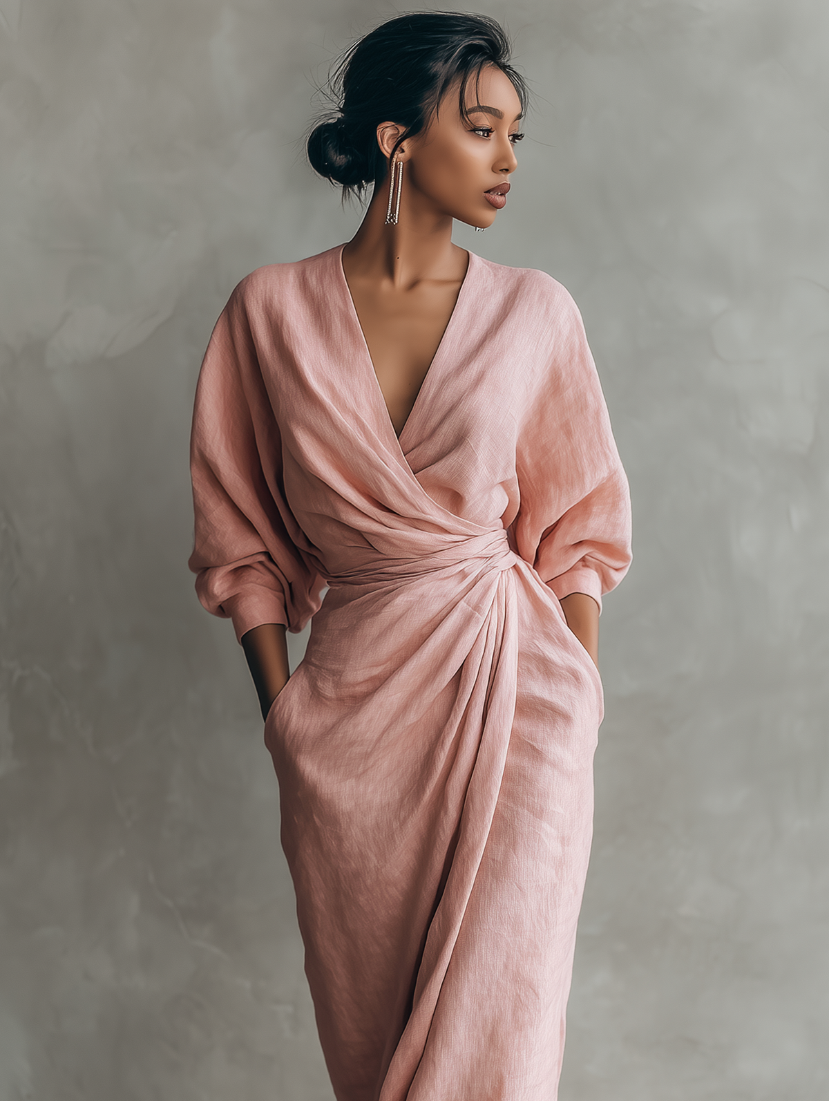 Vestido maxi rosa minimalista para mujer con escote en V