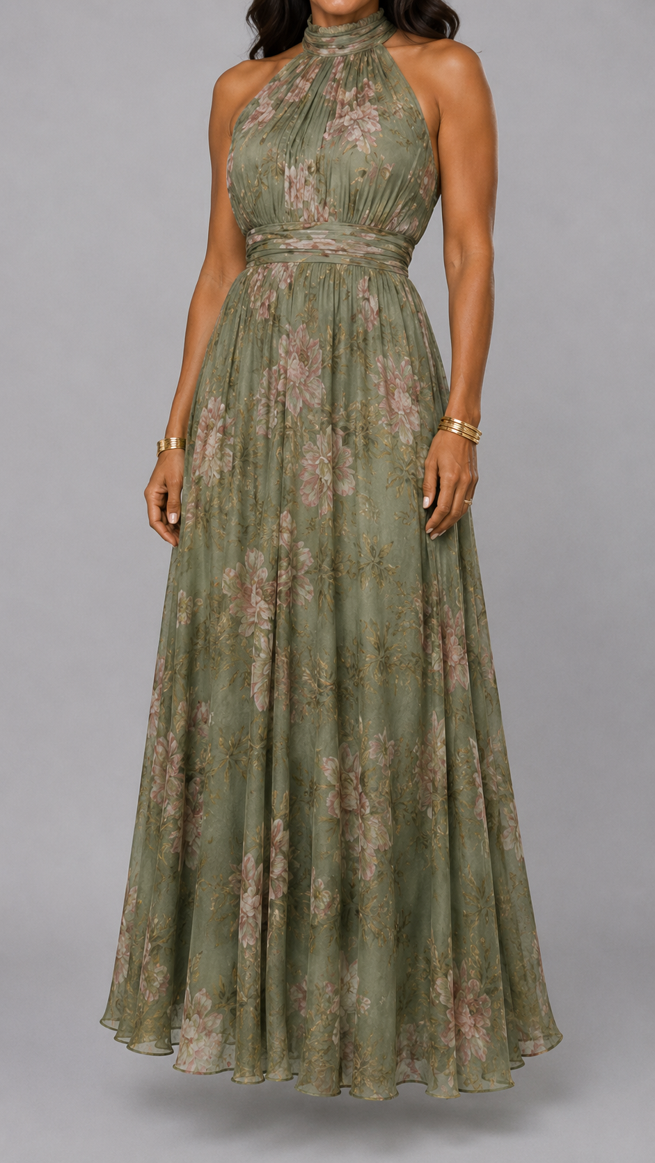 Serena | Vestido largo verde de chifón con estampado floral y cuello halter