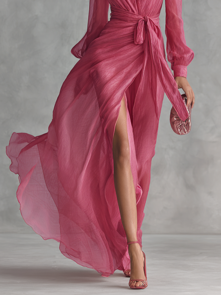 Elegante vestido largo rosa para mujer con perlas y escote en V