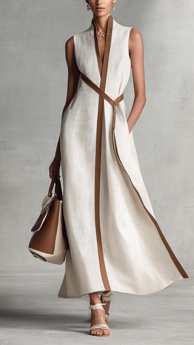 Vestido maxi para mujer, sin mangas, con escote en V y cinturón en la cintura