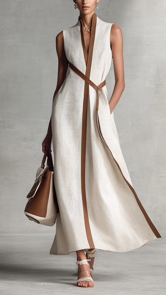 Vestido maxi para mujer, sin mangas, con escote en V y cinturón en la cintura