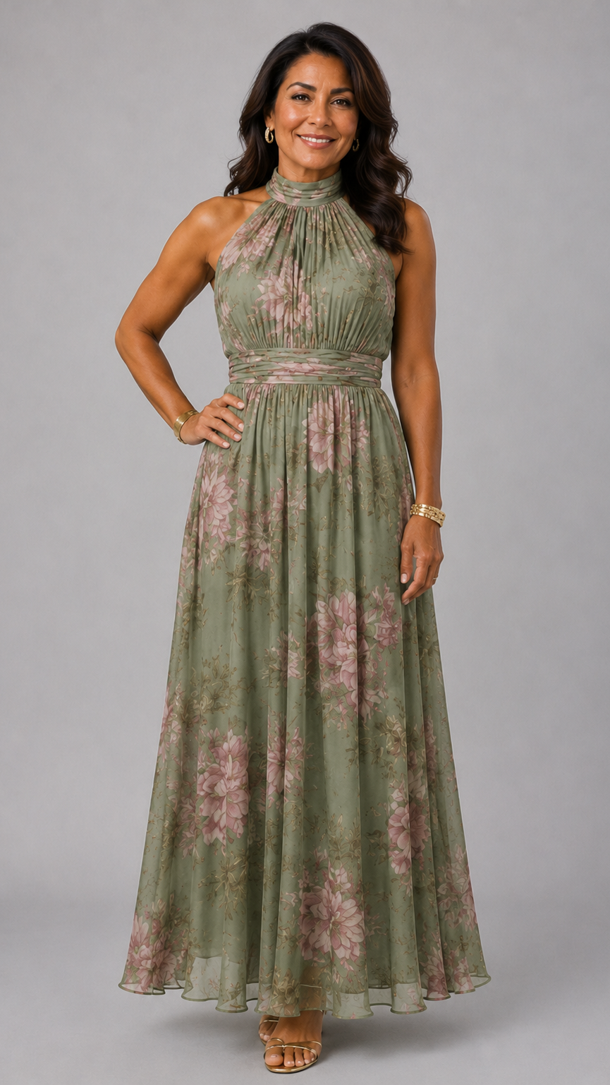 Serena | Vestido largo verde de chifón con estampado floral y cuello halter