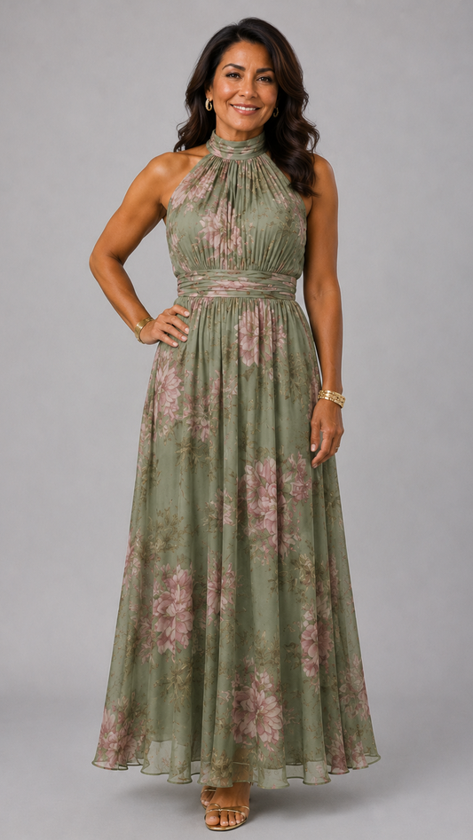 Serena | Vestido largo verde de chifón con estampado floral y cuello halter