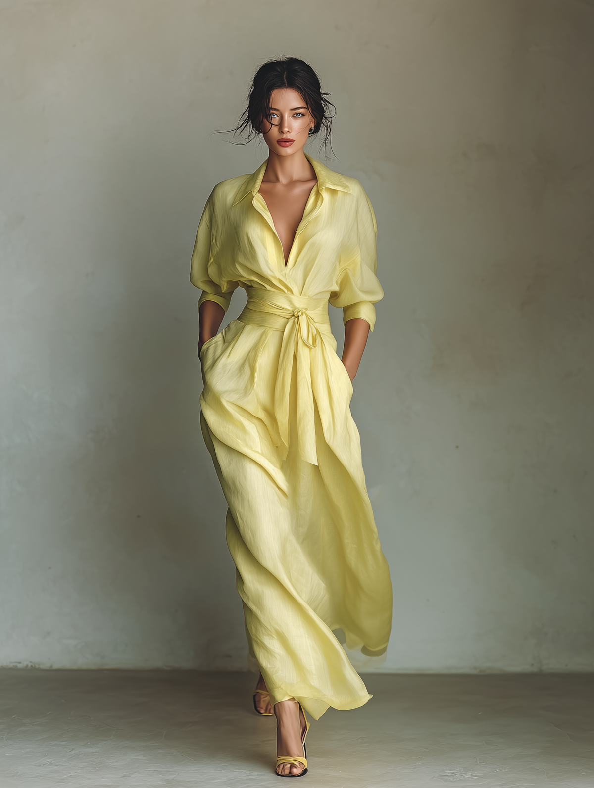 Vestido camisero maxi para mujer en amarillo limón, con cinturón de amarre y mangas tres cuartos