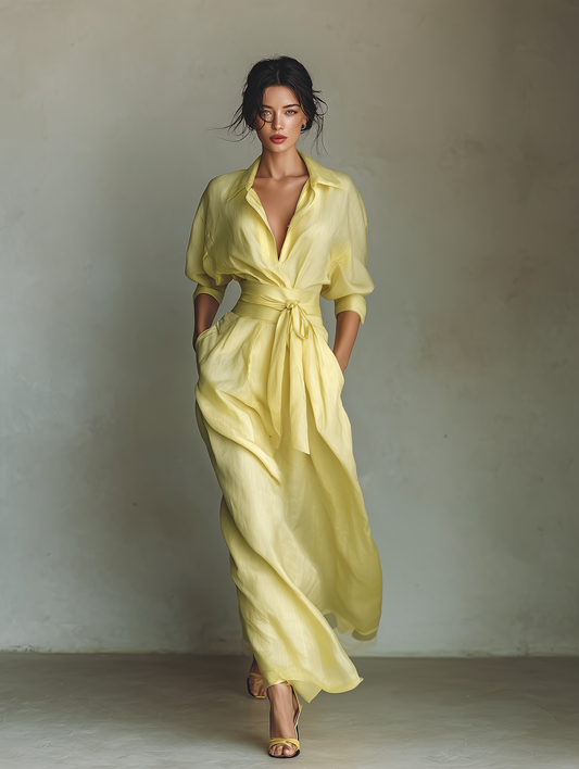 Vestido camisero maxi para mujer en amarillo limón, con cinturón de amarre y mangas tres cuartos