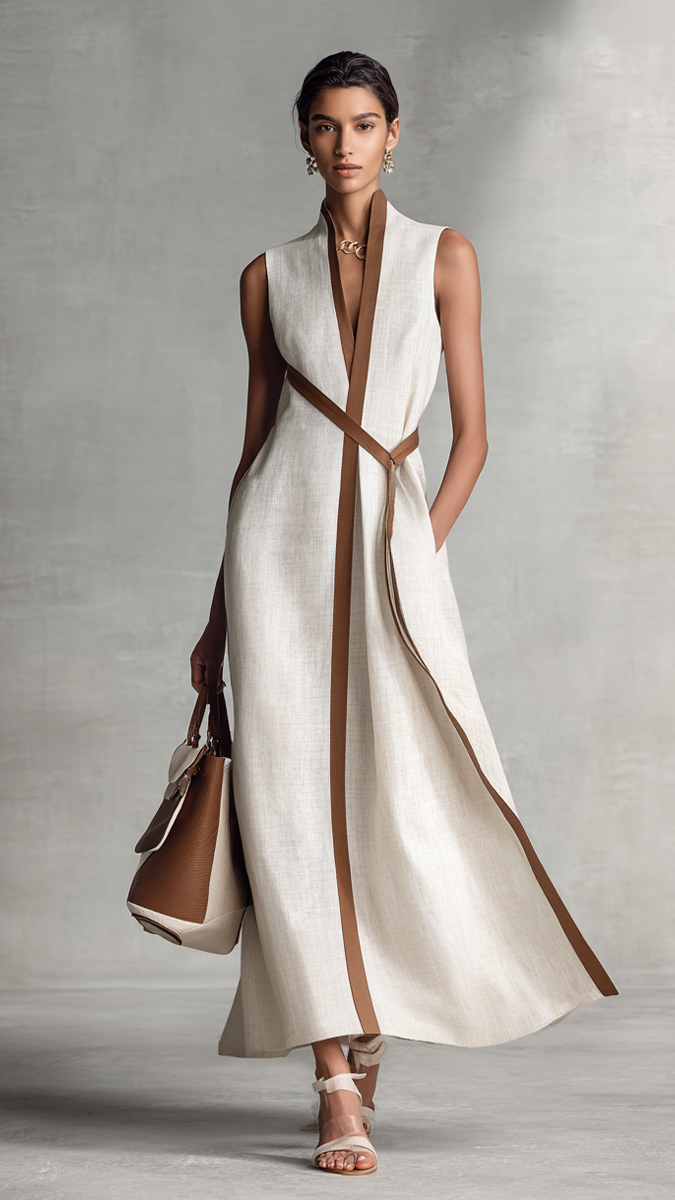 Vestido maxi para mujer, sin mangas, con escote en V y cinturón en la cintura