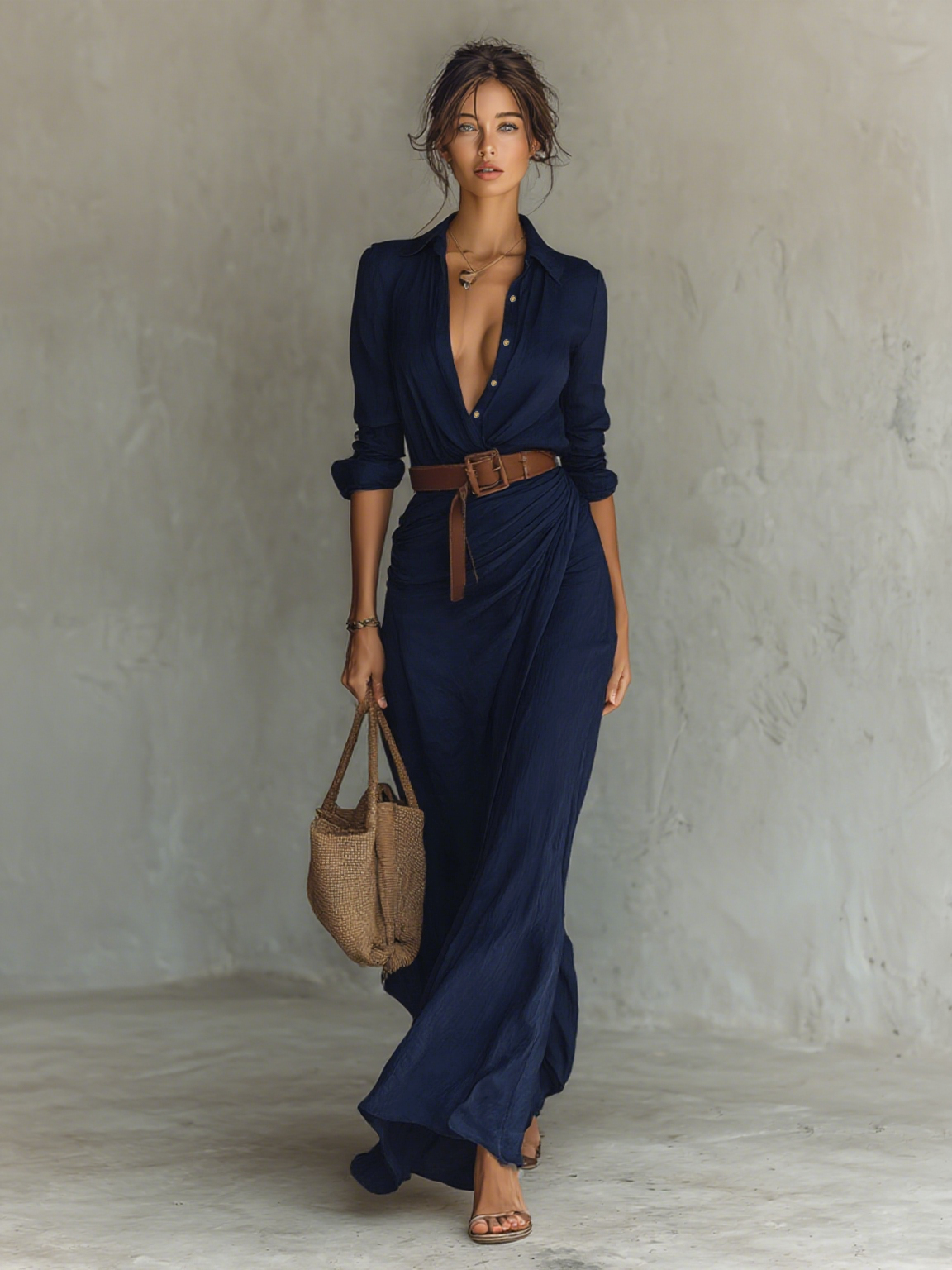 Vestido maxi largo para mujer con cuello con abertura y mangas largas