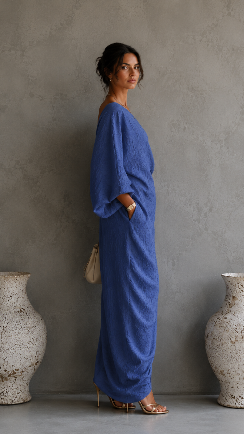 Elegante vestido fluido color marfil con hombros descubiertos