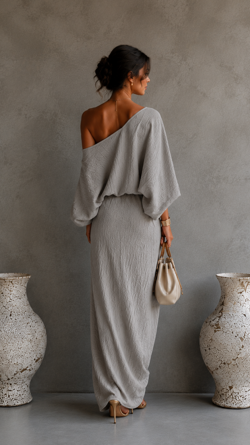 Elegante vestido fluido color marfil con hombros descubiertos