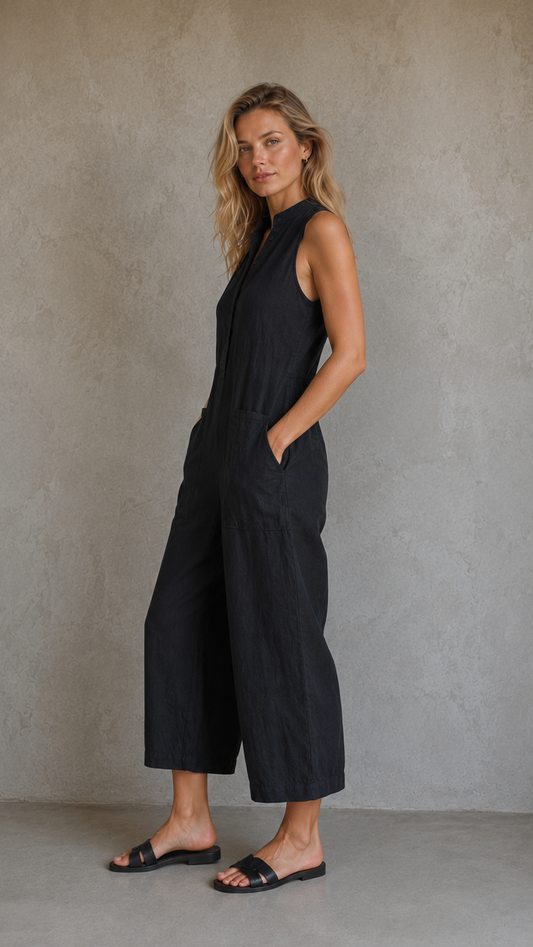 Overol minimalista para mujer, sin mangas, con cuello alto y botones