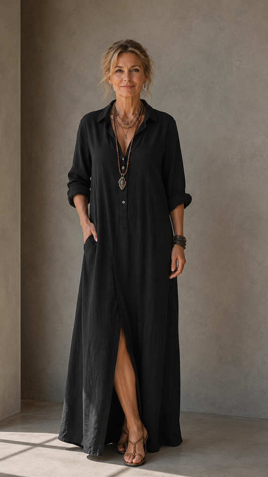 Soline™ | Vestido maxi negro holgado con botones