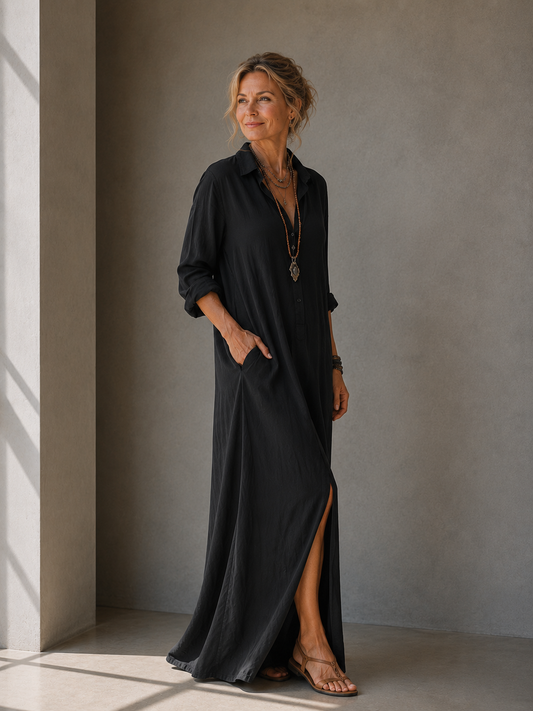 Soline™ | Vestido maxi negro holgado con botones