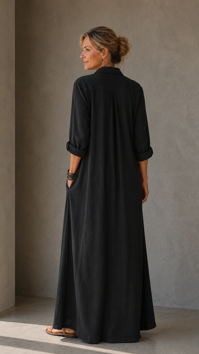 Soline™ | Vestido maxi negro holgado con botones
