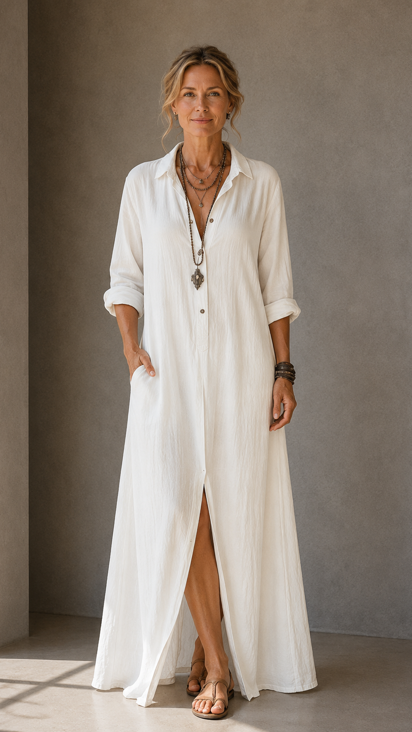 Soline™ | Vestido maxi negro holgado con botones
