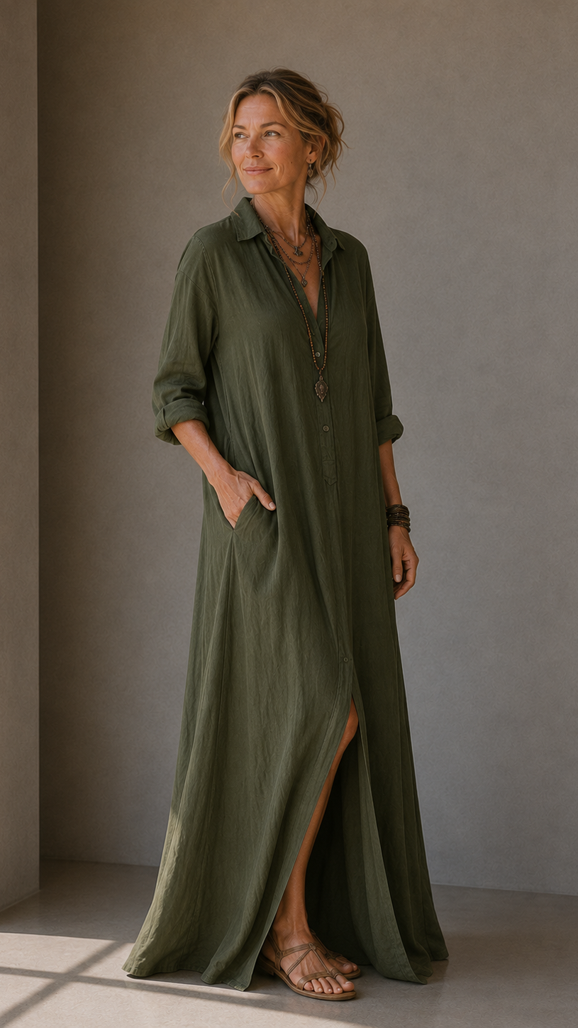 Soline™ | Vestido maxi negro holgado con botones