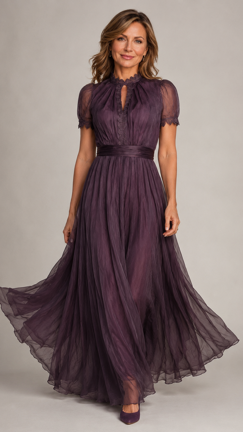 Flavia | Vestido largo morado con escote de lágrima y ribete de encaje de gasa