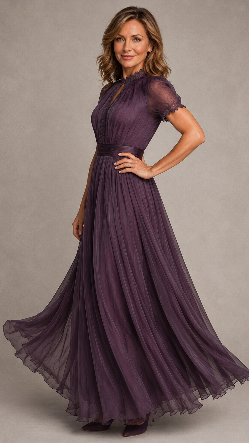Flavia | Vestido largo morado con escote de lágrima y ribete de encaje de gasa