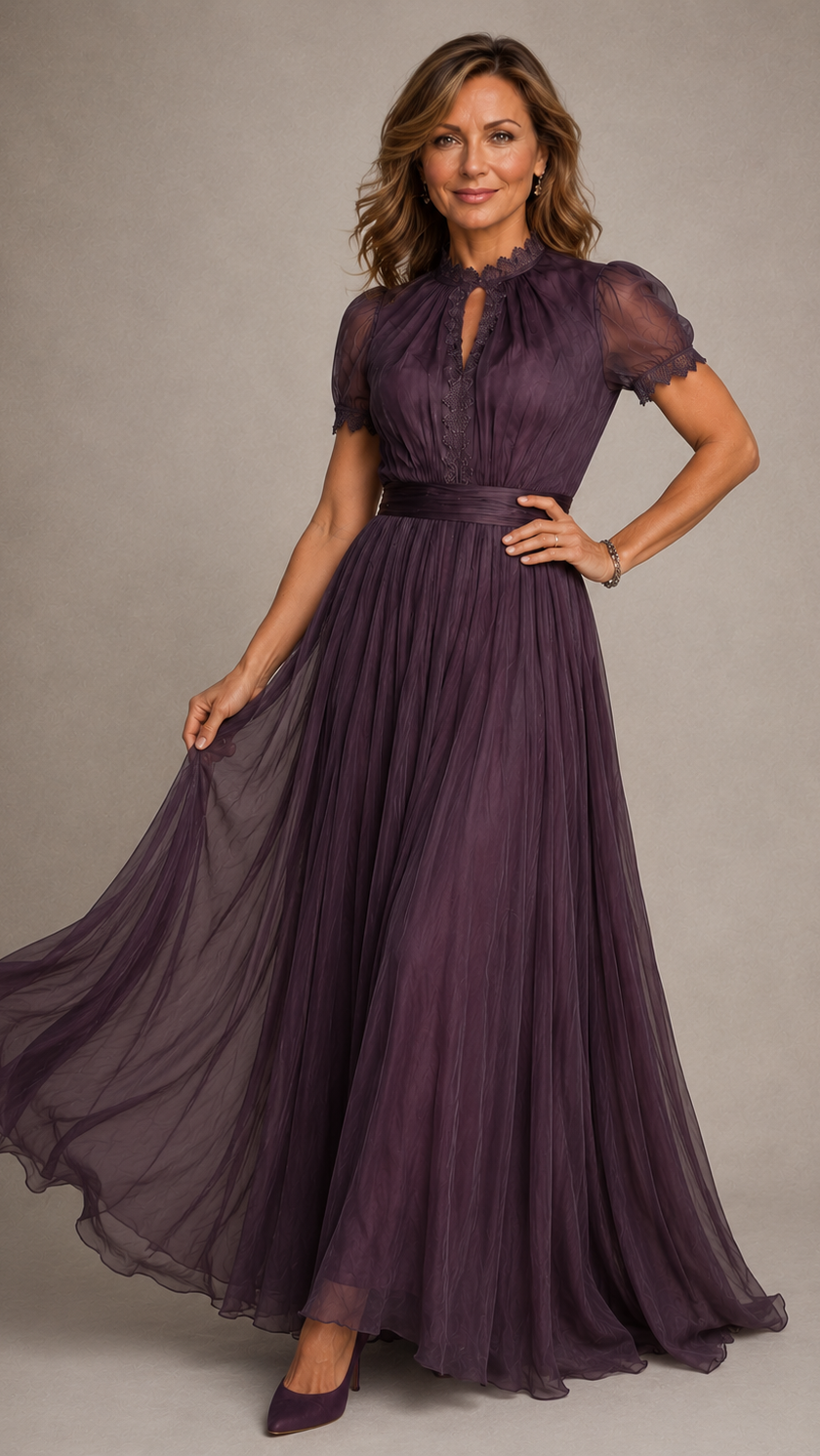 Flavia | Vestido largo morado con escote de lágrima y ribete de encaje de gasa