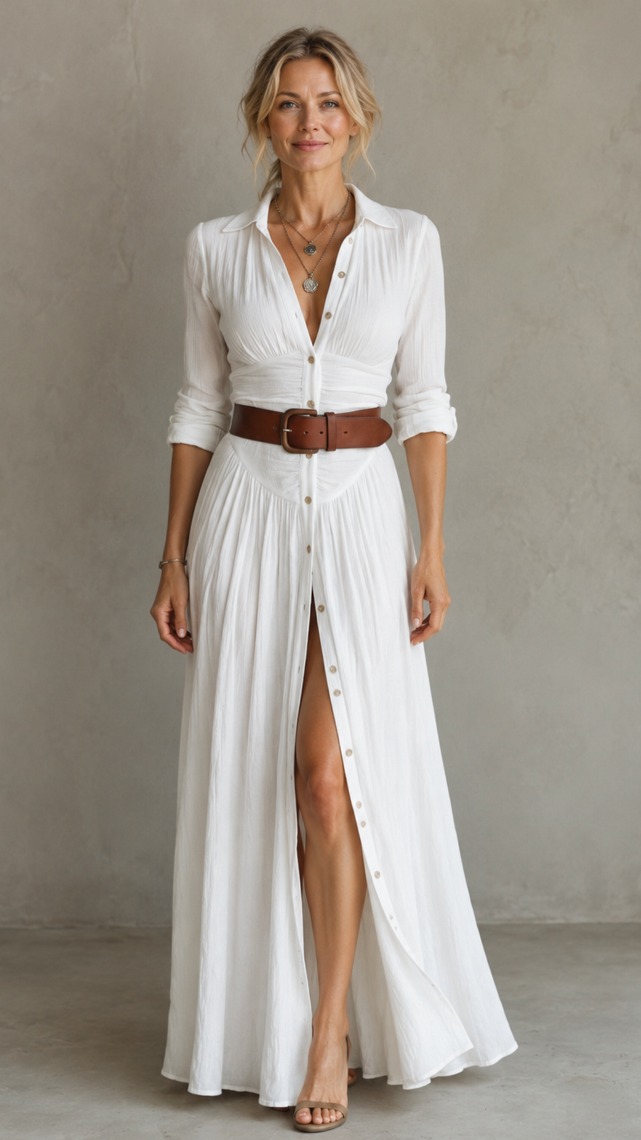 Vestido maxi largo de lino con cuello de solapa y mangas largas para mujer