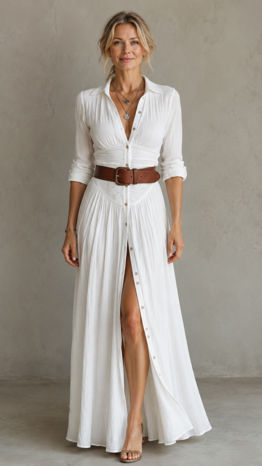 Vestido maxi largo de lino con cuello de solapa y mangas largas para mujer
