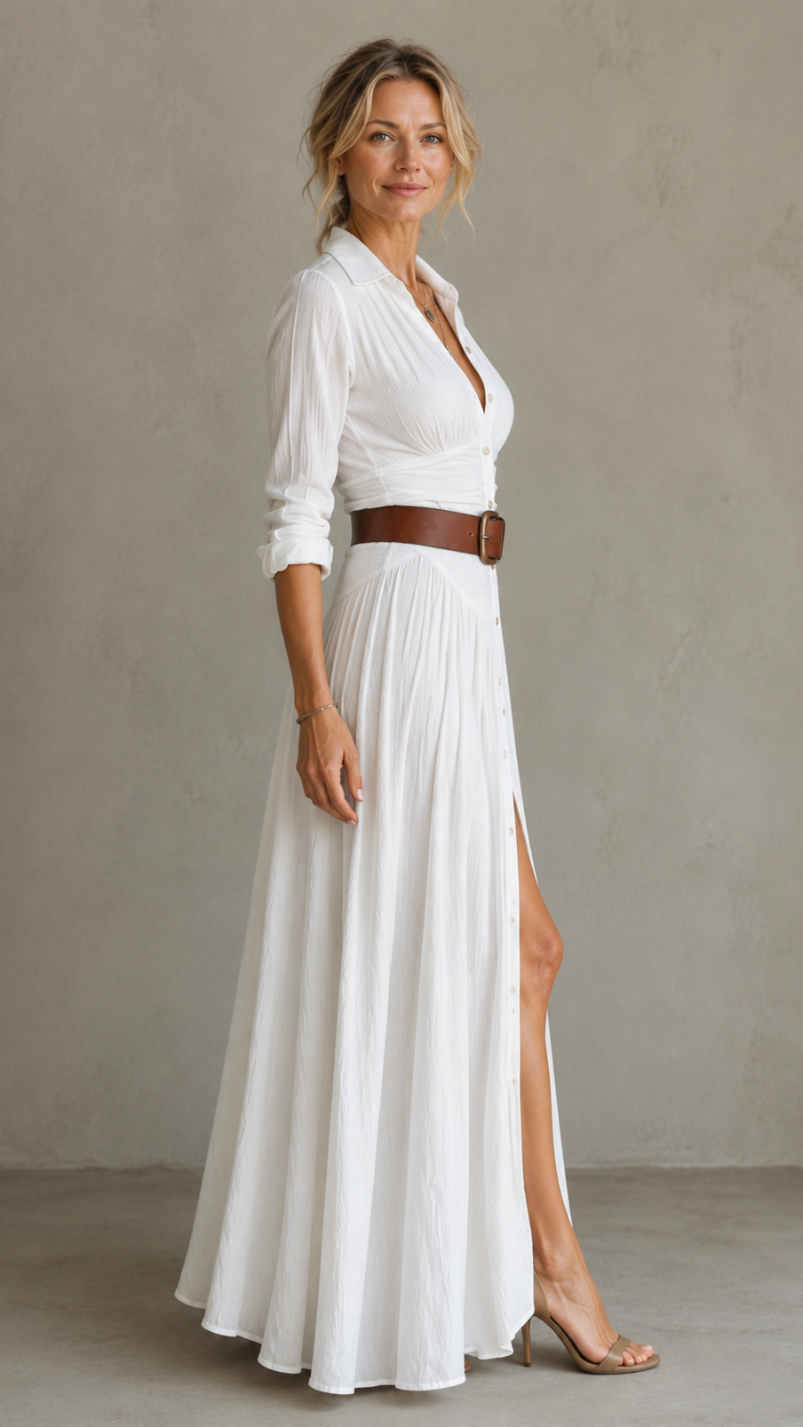 Vestido maxi largo de lino con cuello de solapa y mangas largas para mujer