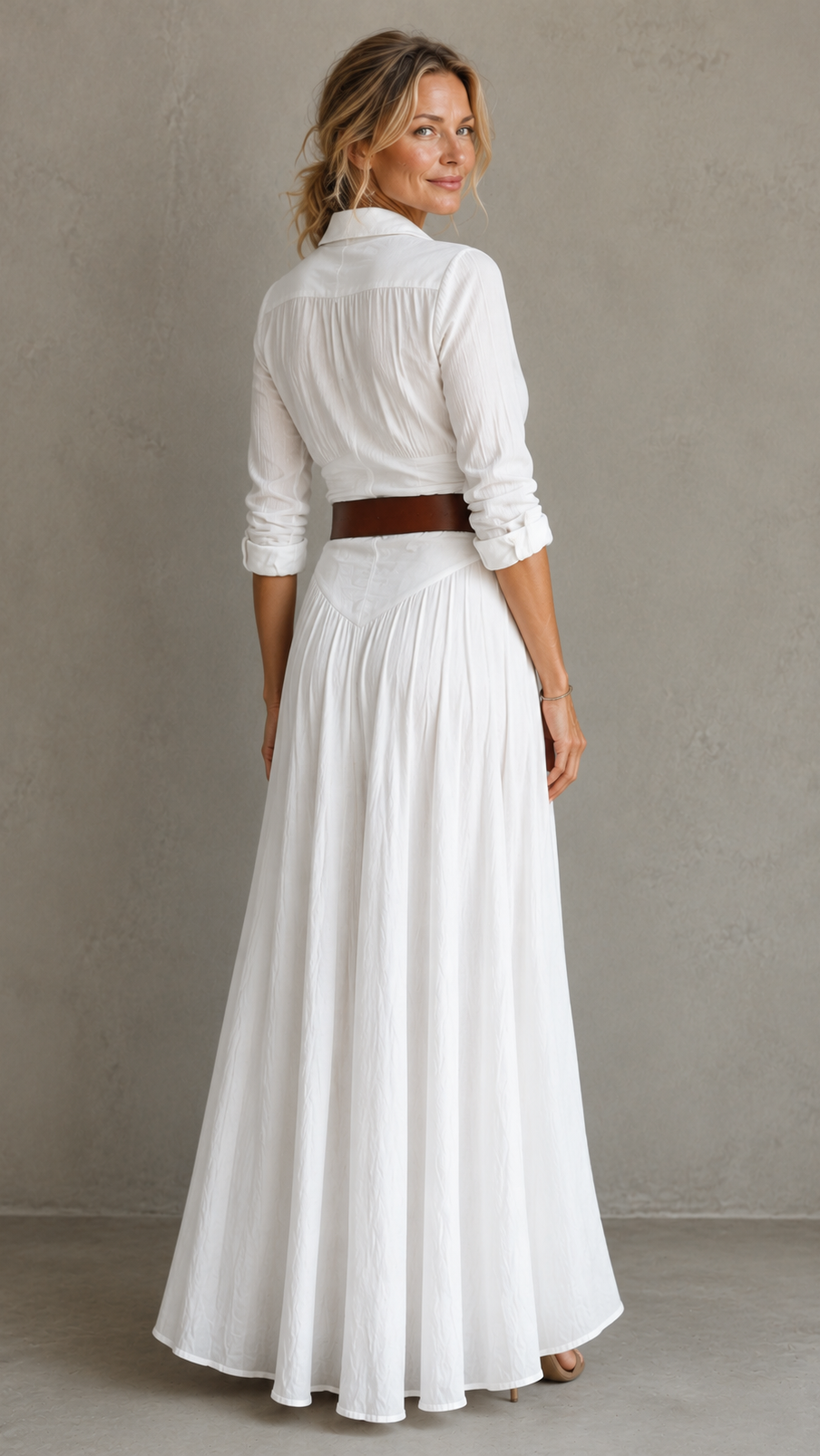 Vestido maxi largo de lino con cuello de solapa y mangas largas para mujer