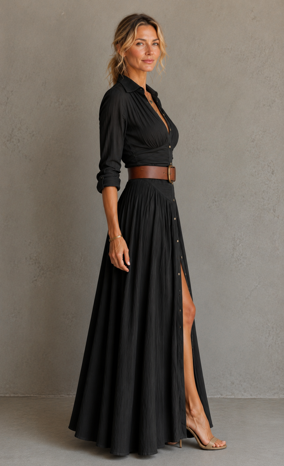 Vestido maxi largo de lino con cuello de solapa y mangas largas para mujer