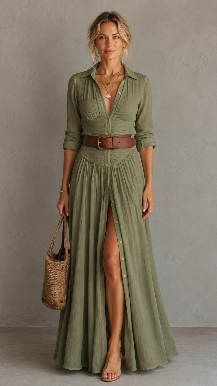 Vestido maxi largo de lino con cuello de solapa y mangas largas para mujer