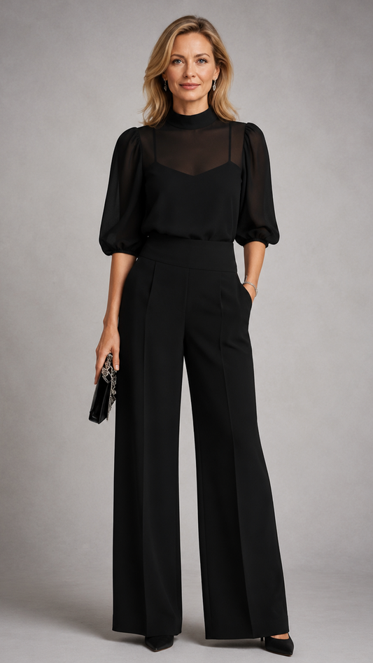 Valentina | Conjunto negro de tres piezas con pantalones de pierna ancha