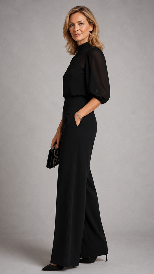 Valentina | Conjunto negro de tres piezas con pantalones de pierna ancha