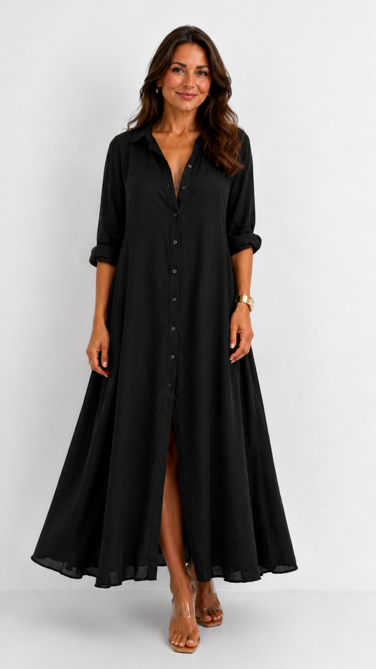 Céline | Vestido maxi negro holgado con botones