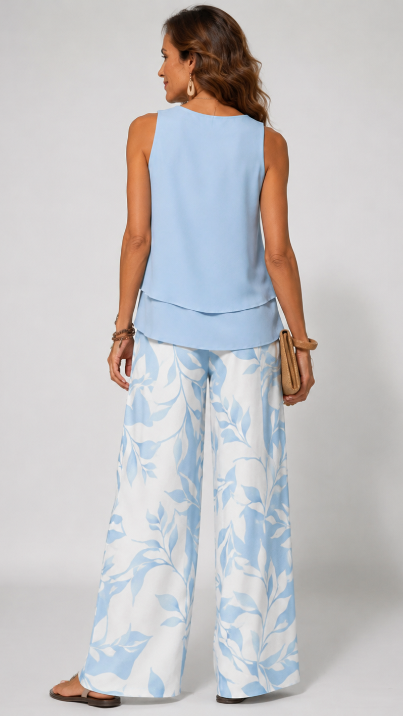 Olalla™ | Conjunto azul claro con blusa y pantalones con estampado botánico