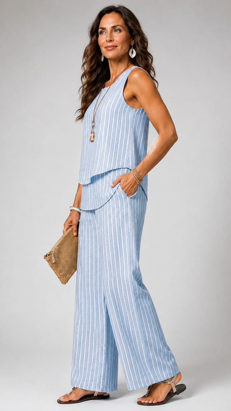 Nicolasa™ | Conjunto azul a rayas con pantalones