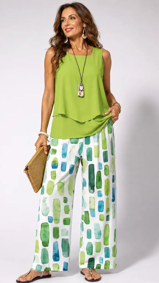 Sabina™ | Conjunto verde con pantalones estampados geométricos