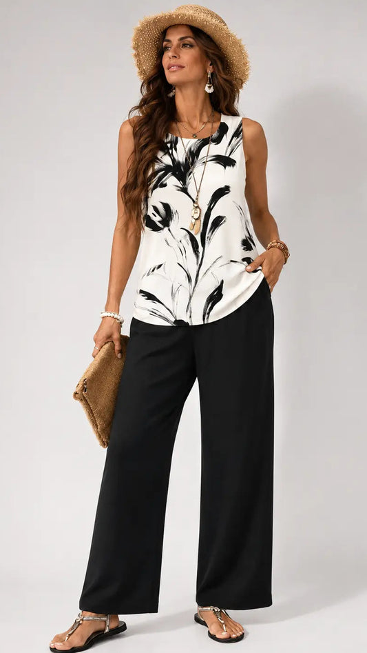Rufina™ | Conjunto con top artístico y pantalones negros